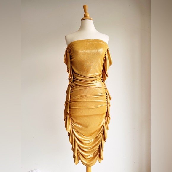 AKIRA Metallic Gold Strapless Midi Dress | Ruched Fringe Bodycon Size Small - Picture 1 of 6